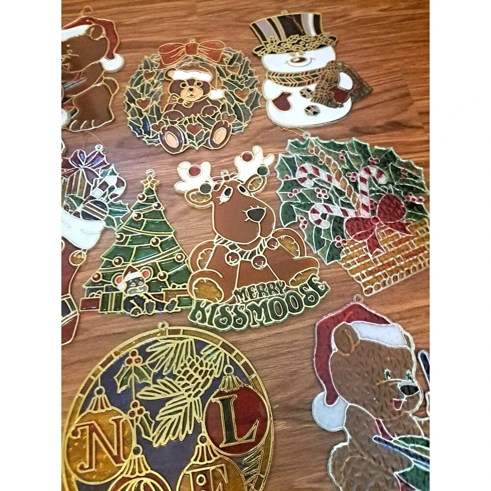 Christmas Suncatchers Window Hangers Plastic Stained Glass Style Bears Moose